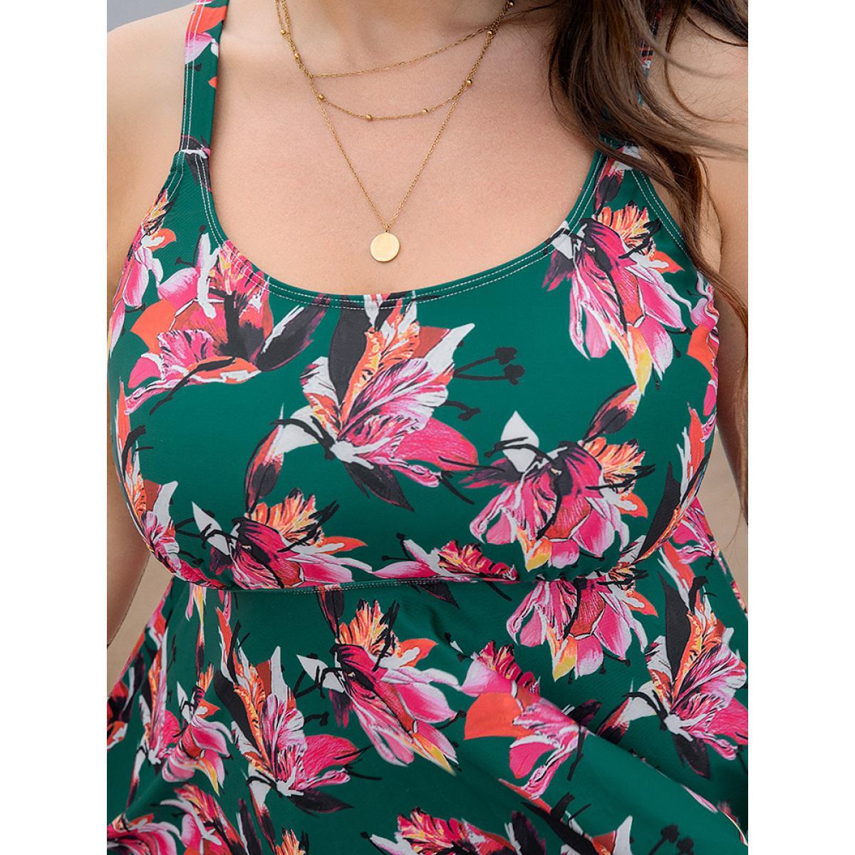 Plus Size Floral Print A Line Round Neck Ruffle Hem Swim Dress Women's Swimwear Green Vacation Bodycon Round Neck High stretch Curve Swim Dresses BloomChic 10/M Product Image
