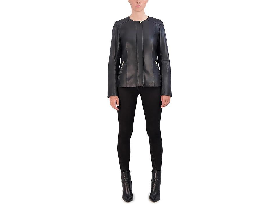 Cole Haan Collarless Full Zip Long Sleeve Leather Moto Jacket Product Image