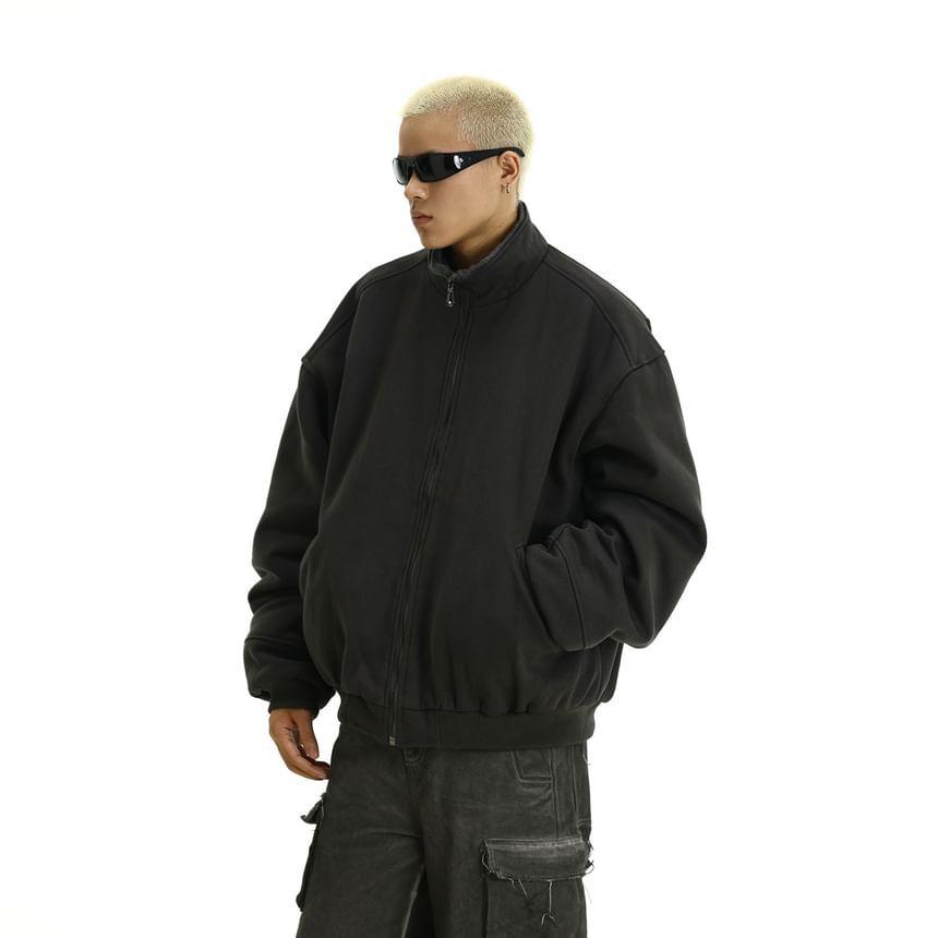 Fluffy Stand Collar Plain Zip Puffer Jacket Product Image