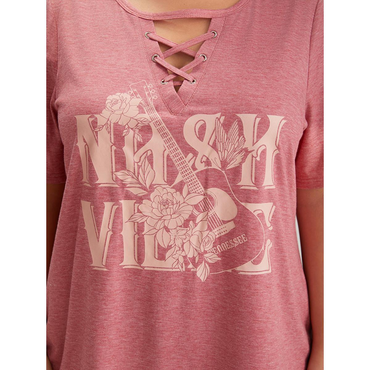 Plus Size Guitar & Letter Print Heather Crisscross Neck Graphic T-shirt Russet Women Casual Art&design Dailywear T-shirts BloomChic 12/L Product Image