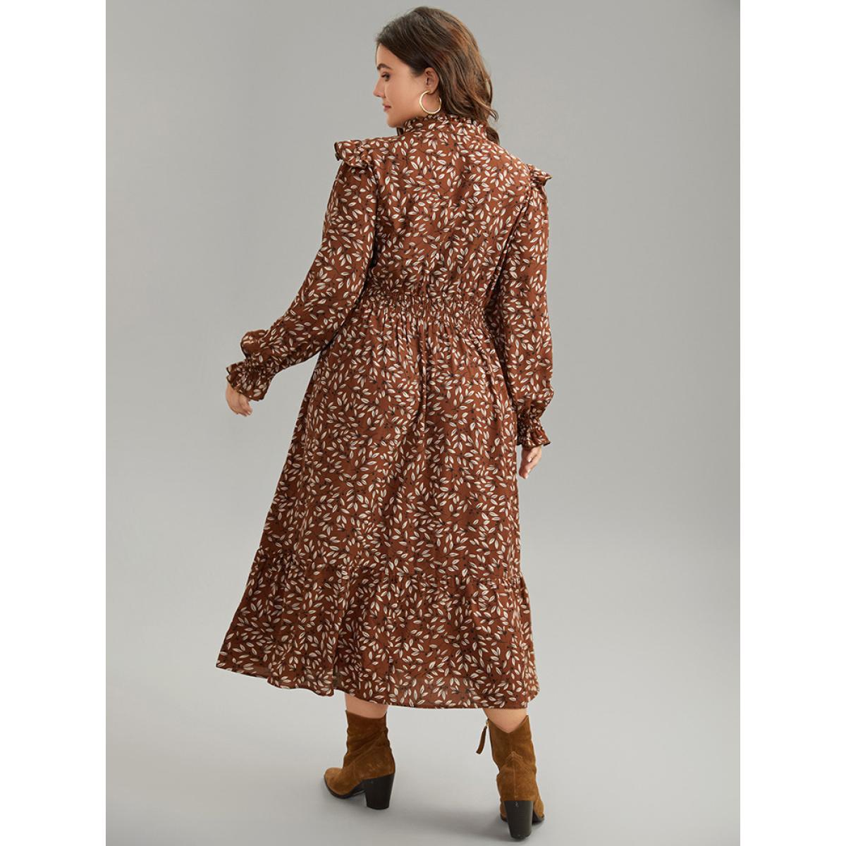 Plus Size Ditsy Floral Flutter Trim Pocket Shirred Dress DarkBrown Women Elegant Printed Notched collar Long Sleeve Curvy Midi Dress BloomChic 22-24/3X Product Image