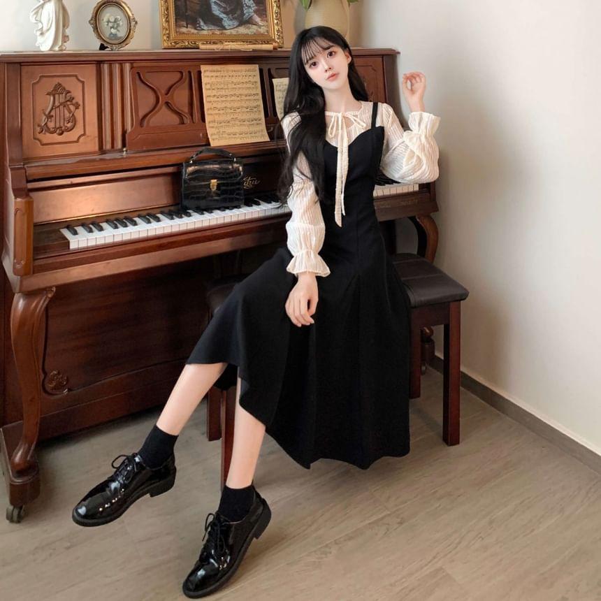 Long Sleeve Round Neck Mock Two Piece Tie Front Midi A-Line Dress Product Image