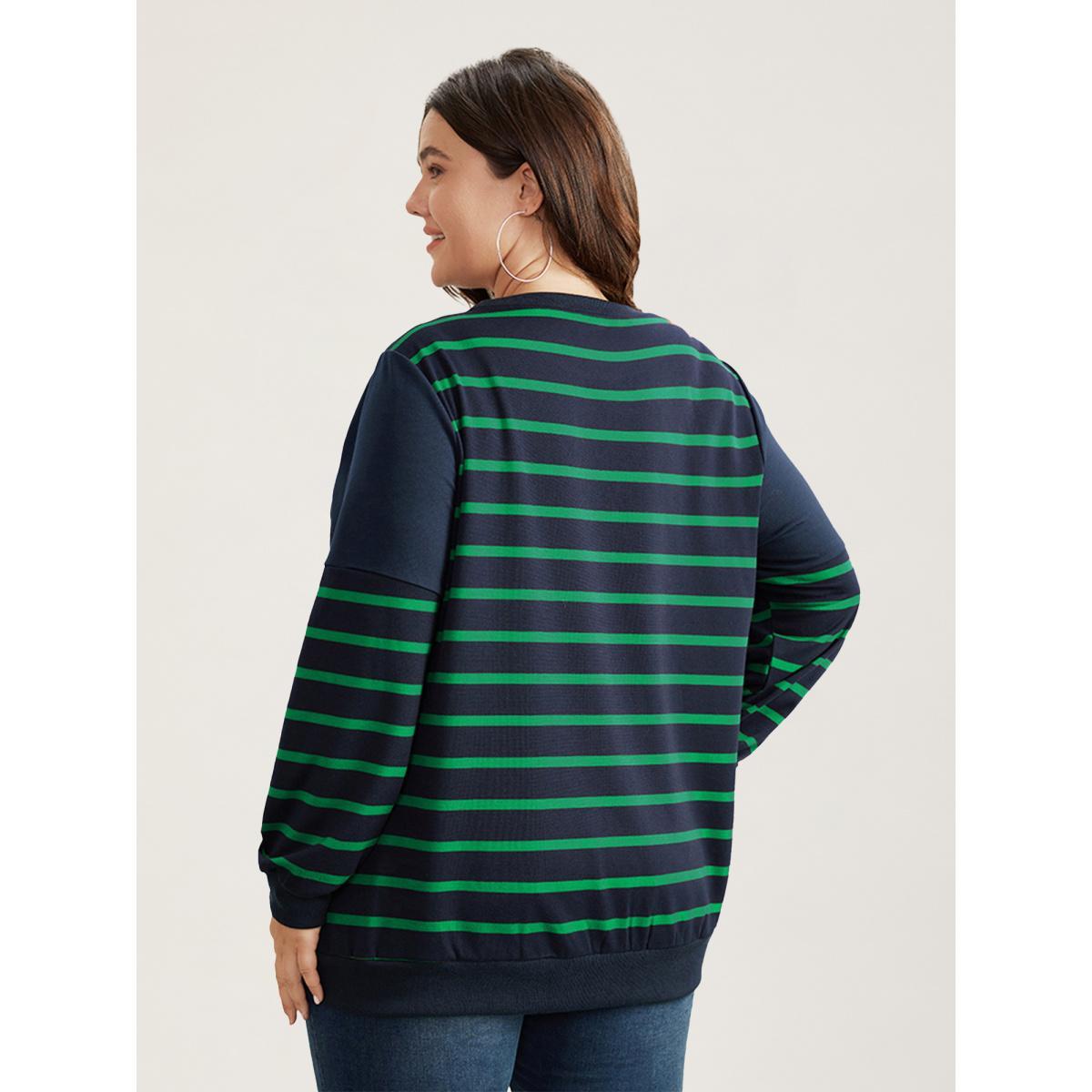 Plus Size Striped Patchwork Button Detail Sweatshirt Women Blue Casual Non Round Neck Everyday Sweatshirts BloomChic 14-16/1X Product Image