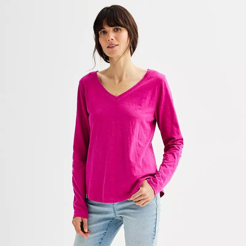 Petite Sonoma Goods For Life Everyday Long Sleeve V-Neck T-Shirt, Womens Grey Product Image