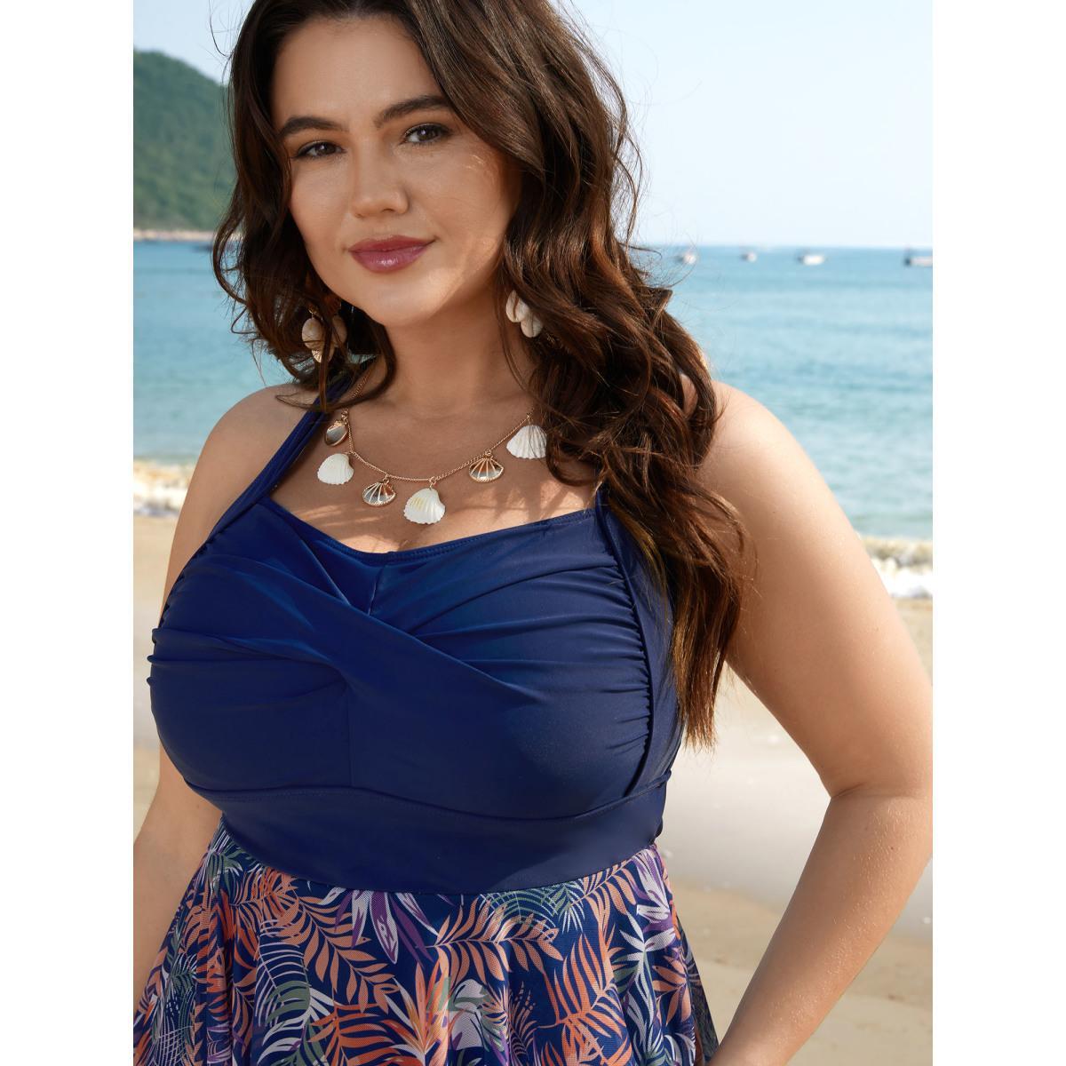 Plus Size Tropical Print Mesh Twist Front Swim Dress Women's Swimwear Indigo Beach Skinny Heart neckline High stretch Curve Swim Dresses BloomChic 10/M Product Image