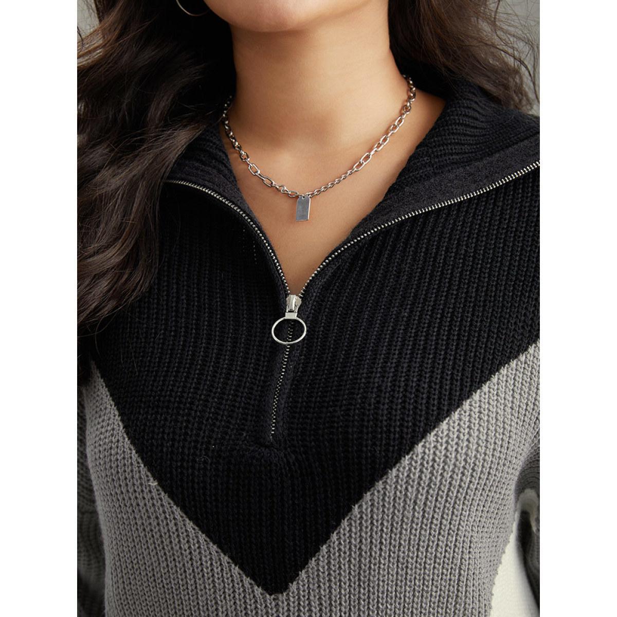 Plus Size Colorblock Patchwork Zipper Lapel Collar Pullover Multicolor Women Casual Long Sleeve Lapel Collar Everyday Pullovers BloomChic 12/L Product Image