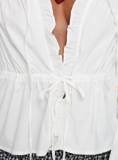 Harloe Ruched Tie Up Long Sleeve Top White Product Image