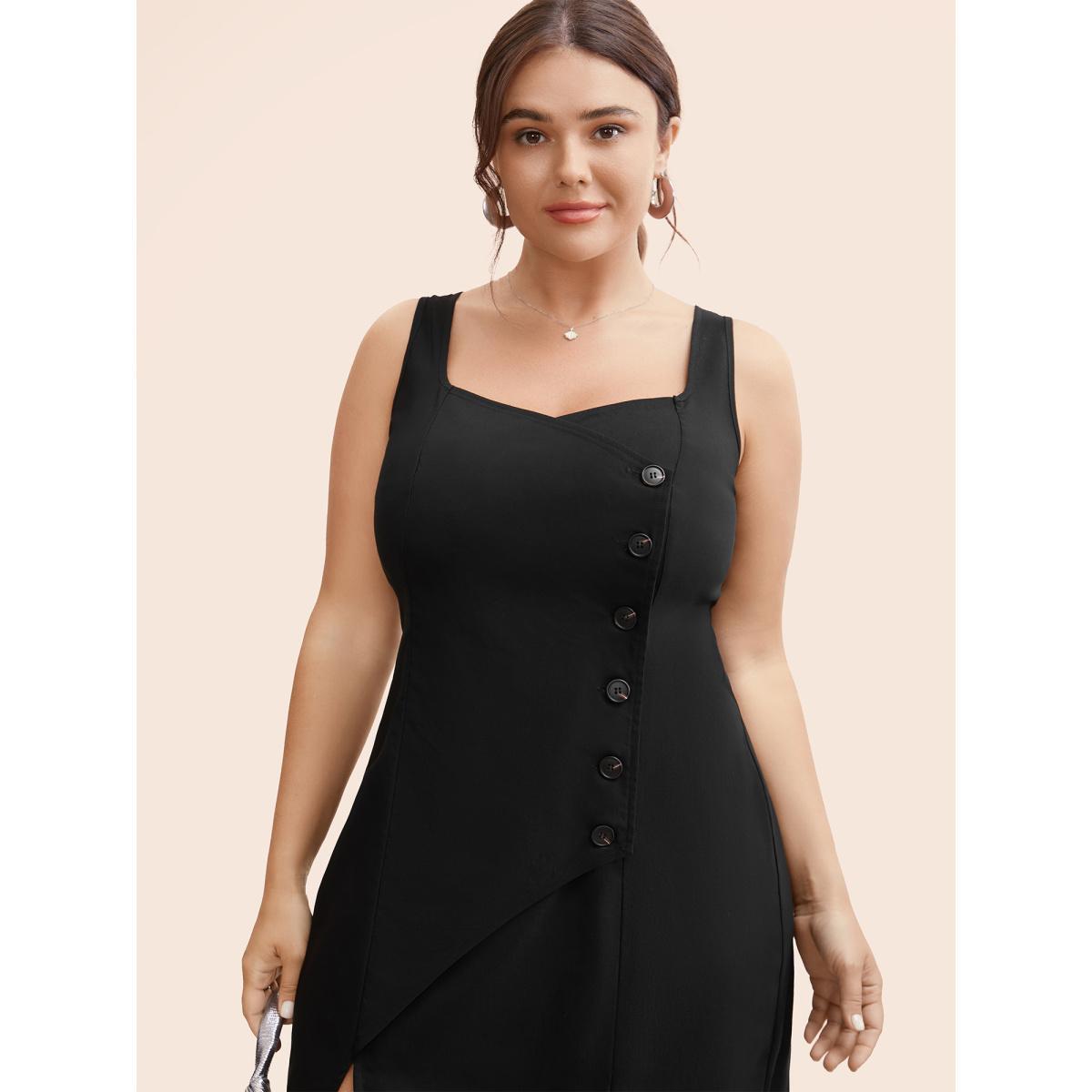 Plus Size Stretch Woven Cut-Out Midi Dress Black Women At the Office Button Heart neckline Sleeveless Curvy BloomChic 28/5X Product Image