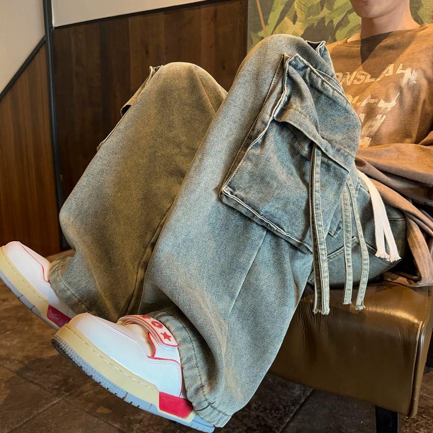 High Waist Washed Wide Leg Cargo Jeans Product Image