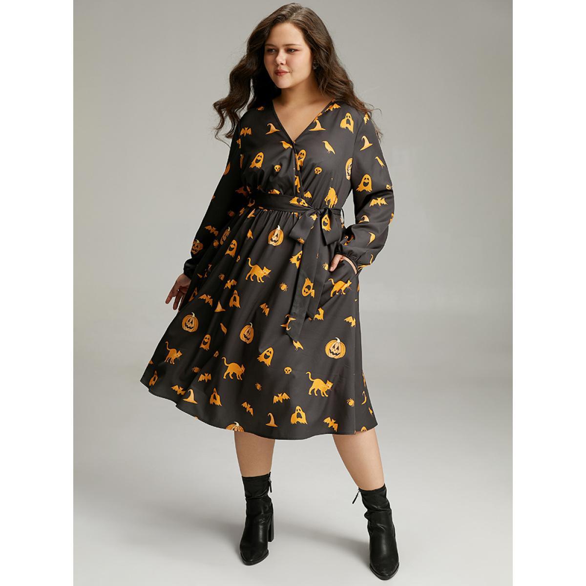 Plus Size Halloween Pumpkin & Bat Print Wrap Lantern Sleeve Dress Black Women Office Elastic cuffs Overlap Collar Long Sleeve Curvy Midi Dress BloomChic 12/L Product Image