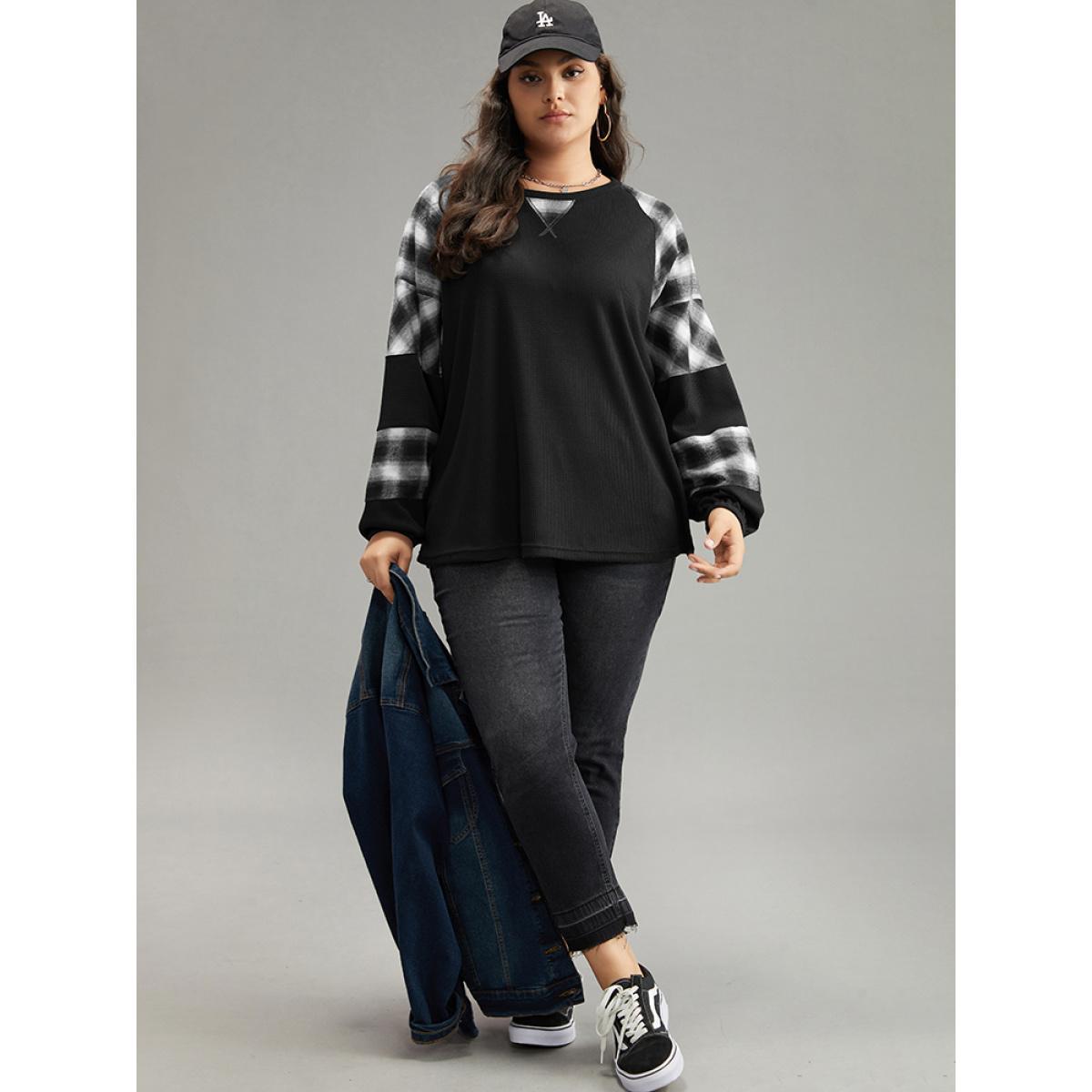 Plus Size Plaid Patchwork Rib Knit Elastic Cuffs Sweatshirt Black Women Casual Elastic cuffs Plaid Round Neck Dailywear T-shirts BloomChic 18-20/2X Product Image