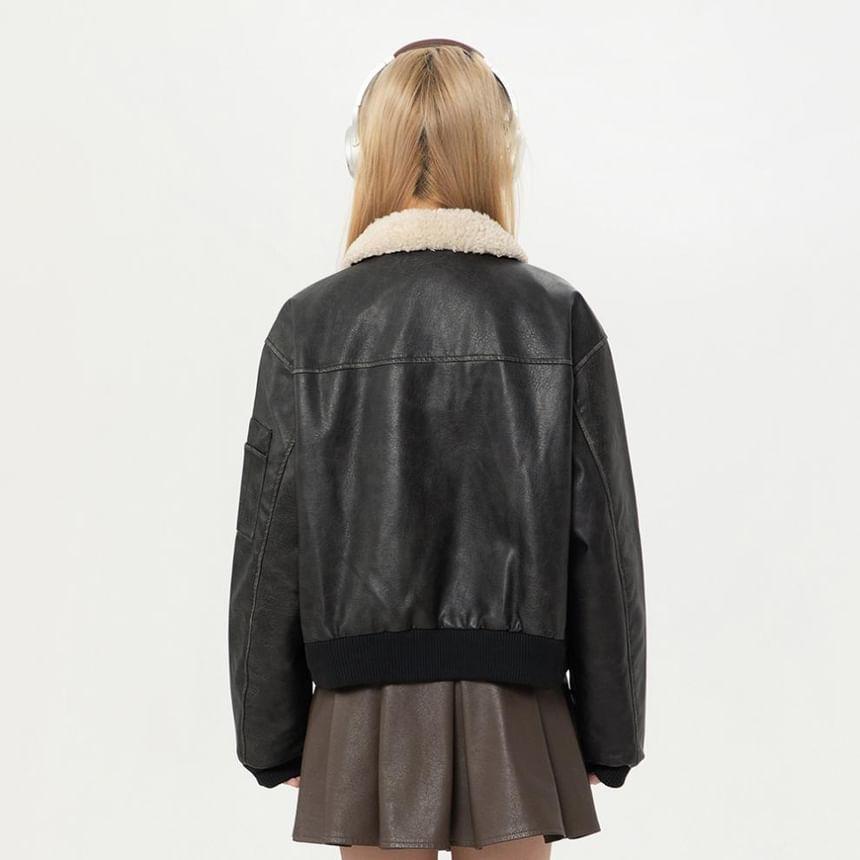 Couple Matching Fleece Collar Zip-Up Faux Leather Jacket (Various Designs) Product Image