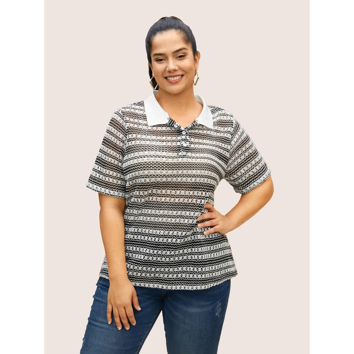 Plus Size Polo Neck Contrast Cut Out Button Up T-shirt Black Women Casual Contrast Polo Everyday T-shirts BloomChic 22-24/3X Product Image