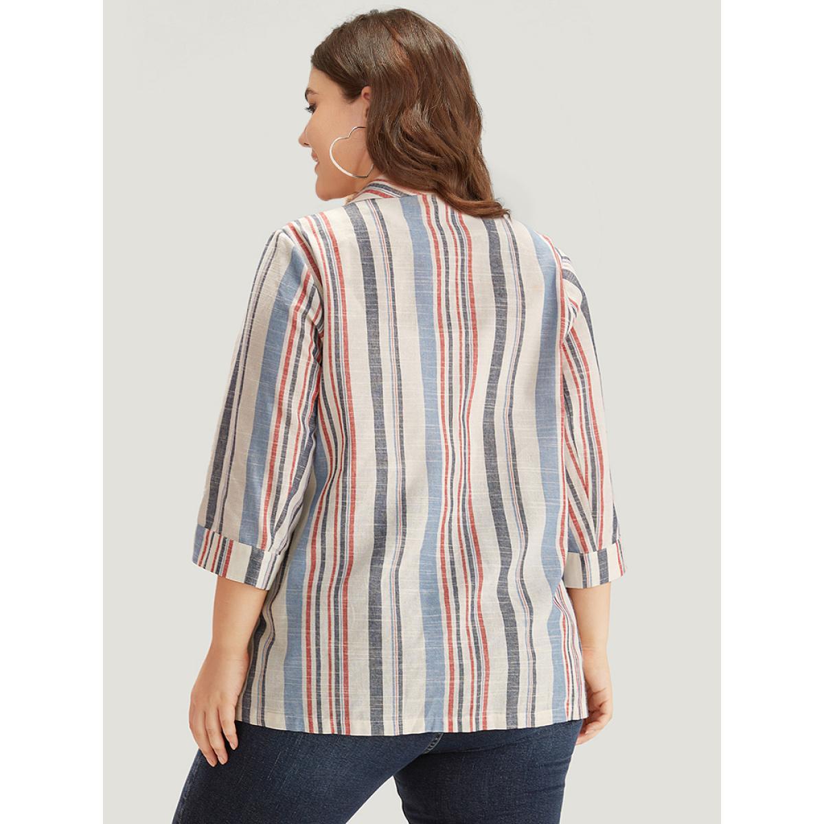 Plus Size Striped Lapel Collar Pocket Open Front Blazer DarkBlue Women Dailywear Striped Pocket Sleeve Elbow-length sleeve Lapel Collar 12/L Pocket Casual Blazers BloomChic Product Image