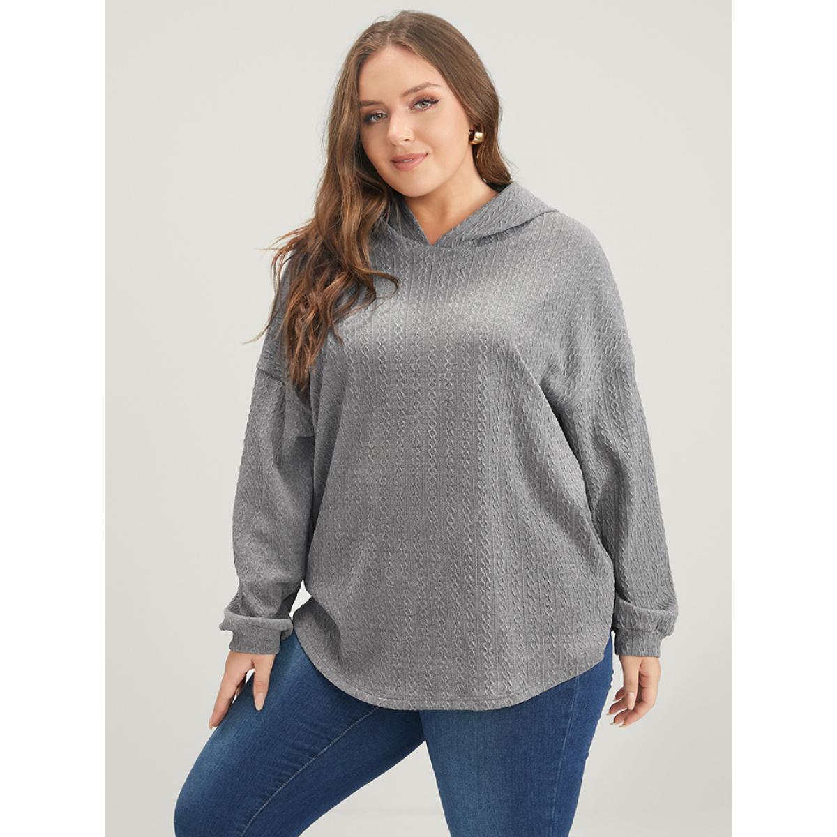 Plus Size Solid Drop Shoulder Textured Hooded Sweatshirt Women DarkGray Casual Plain Hooded Dailywear Sweatshirts BloomChic 18-20/2X Product Image