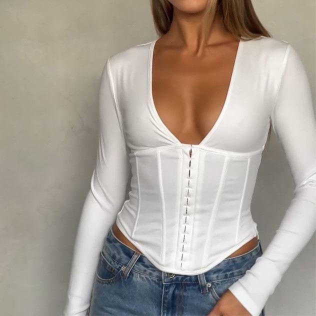 Long Sleeve V-Neck Plain Panel Hook And Eye Top Product Image