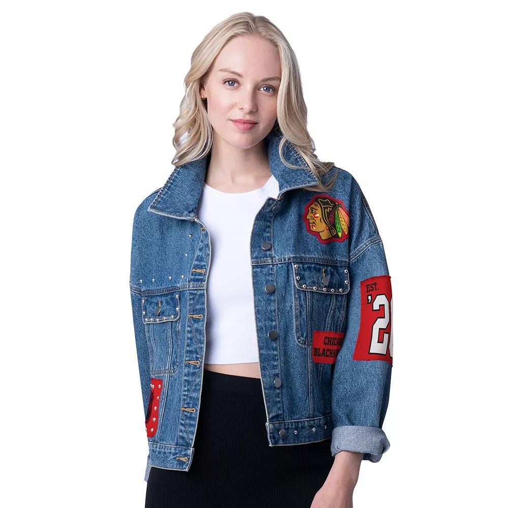 Women's G-III 4Her by Carl Banks  Chicago Blackhawks Game Ball Cropped Button-Up Denim Jacket, Size: XL, Turquoise A Product Image