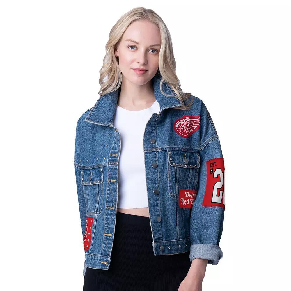 Women's G-III 4Her by Carl Banks  Detroit Red Wings Game Ball Cropped Button-Up Denim Jacket, Size: Medium, Turquoise A Product Image