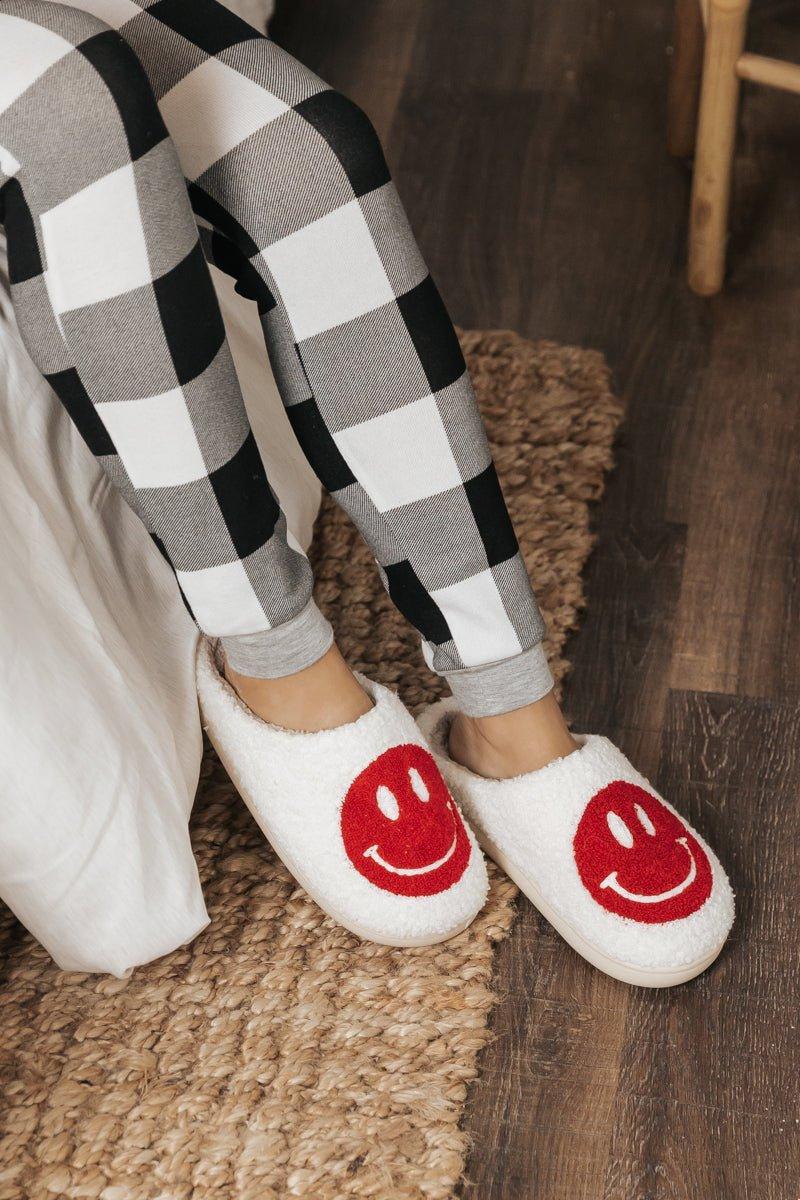 Red Smiley Face Faux Plush Slippers - FINAL SALE Product Image