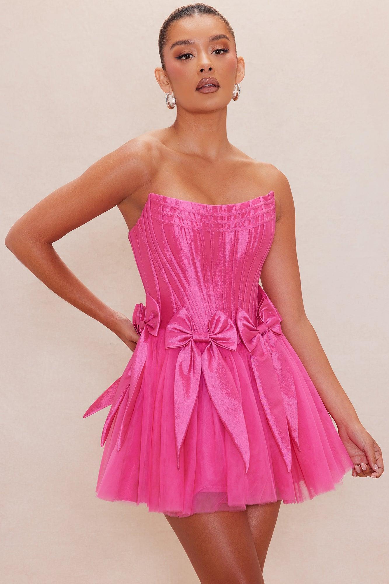 Brielle Bow Satin Mini Dress - Hot Pink Product Image
