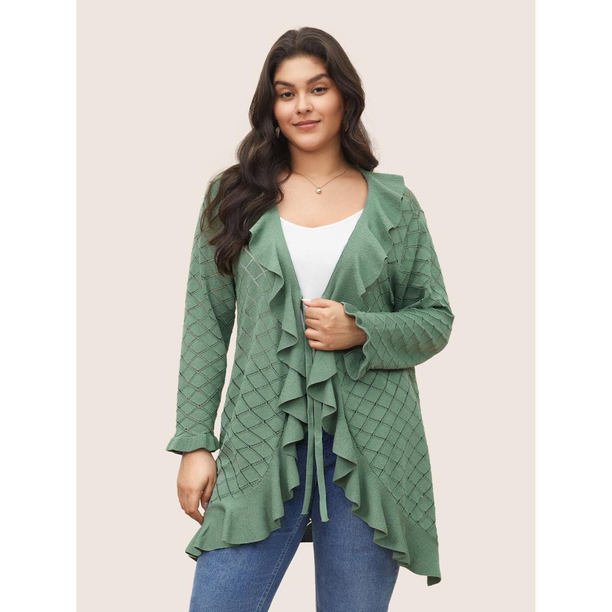 Plus Size Plain Geometric Cut Out Ruffles Ties Cardigan Emerald Women Everyday Elegant Cover Ups Bloomchic 30/6X Product Image