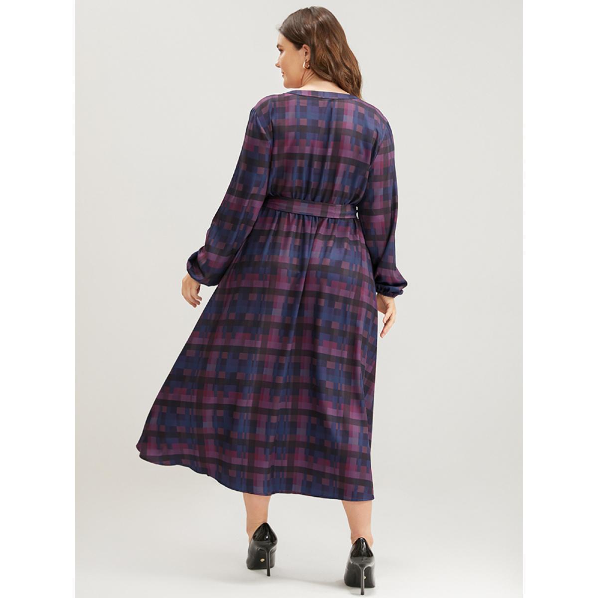 Plus Size Plaid Contrast Button Up Pocket Lantern Sleeve Belted Dress Multicolor Women Elegant Button V-neck Long Sleeve Curvy Midi Dress BloomChic 10/M Product Image