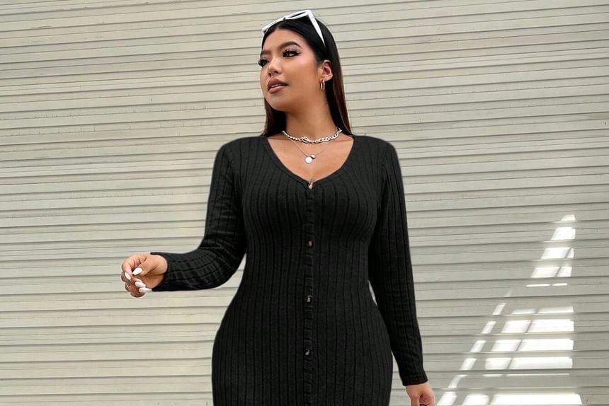 Plus Size Long-Sleeve V-Neck Plain Button Midi Sheath Knit Dress Product Image