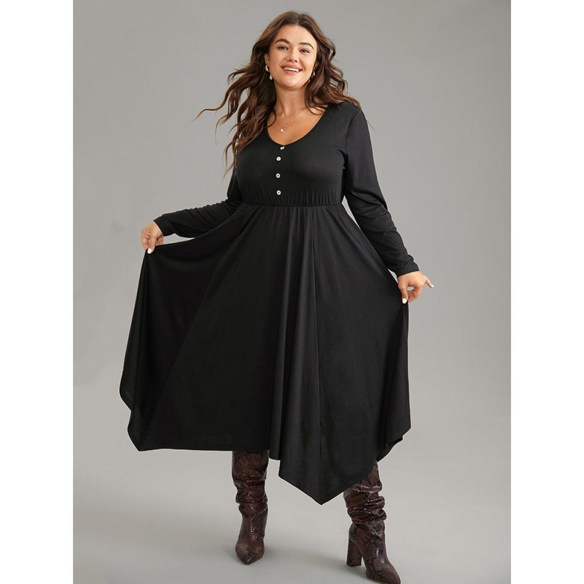 Plus Size Supersoft Essentials Button Detail Hanky Hem Scoop Neck Dress Black Women Office Gathered Scoop Neck Long Sleeve Curvy Midi Dress BloomChic 26/4X Product Image