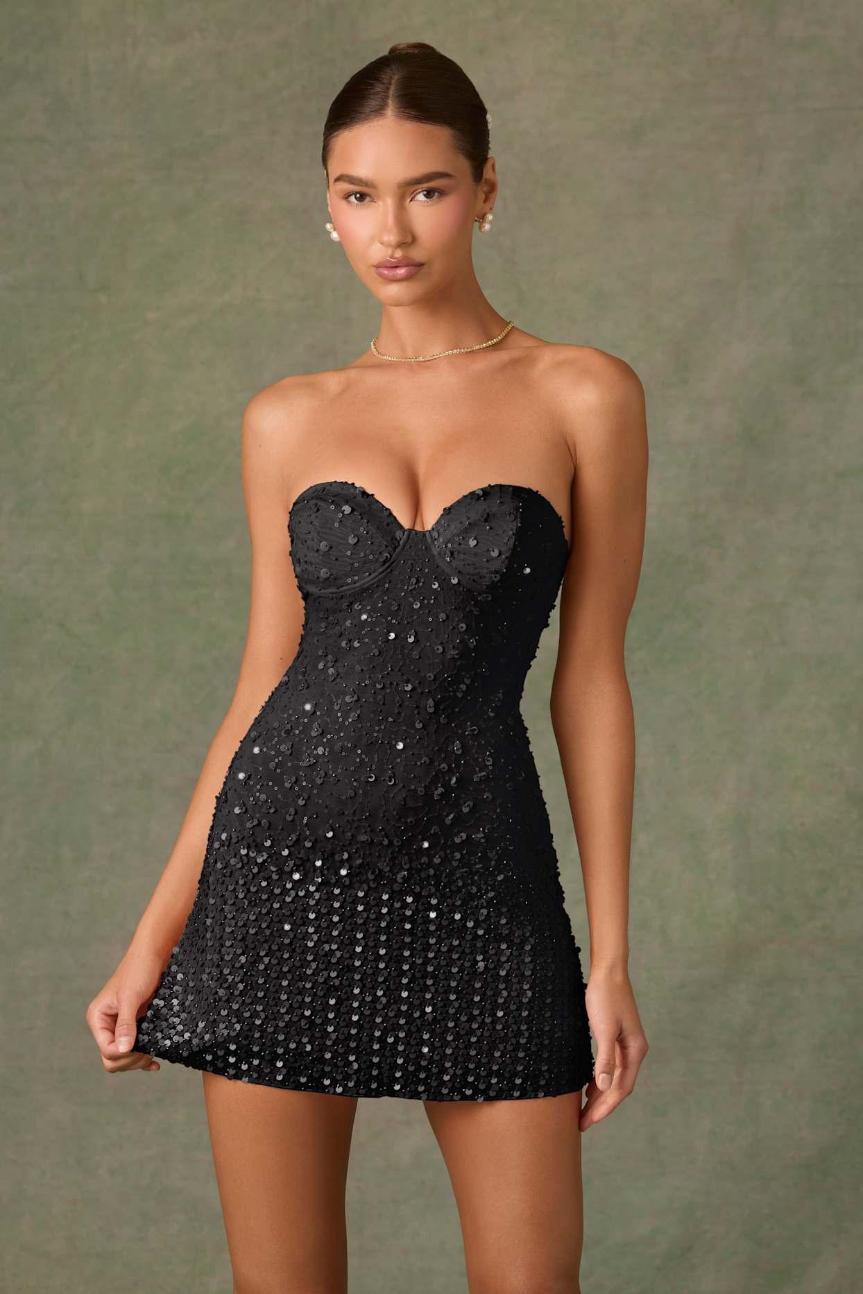 Embellished Sweetheart-Neck A-Line Mini Dress in Black Product Image