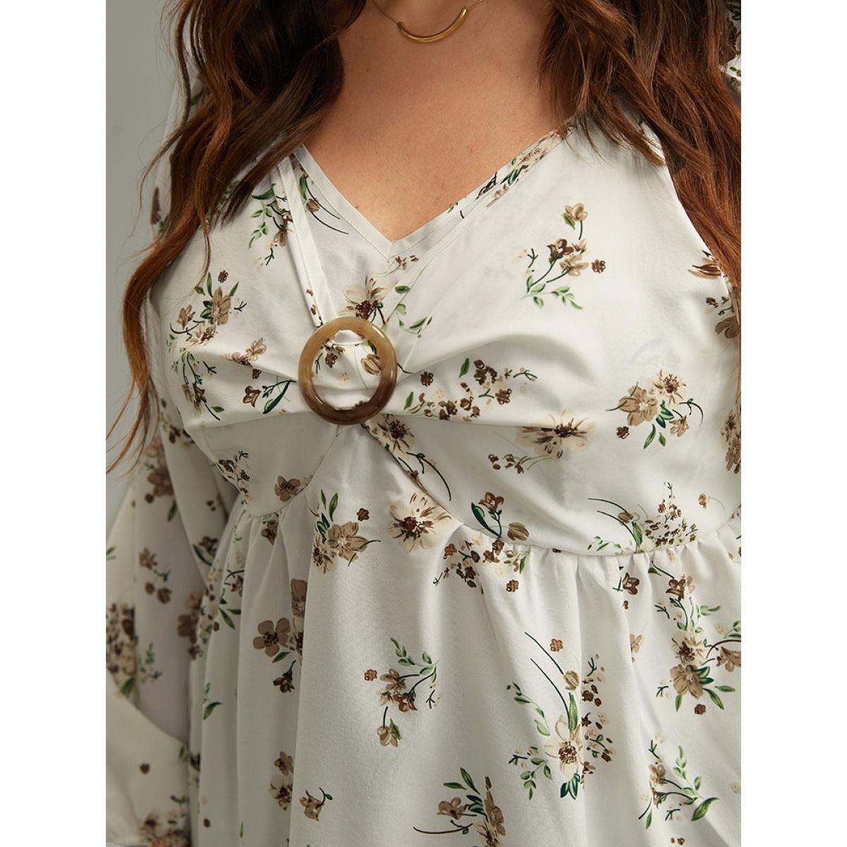 Plus Size Ivory Floral Print Buckle Detail Gathered Bell Sleeve Blouse Women Elegant Long Sleeve V-neck Dailywear Blouses BloomChic 30/6X Product Image