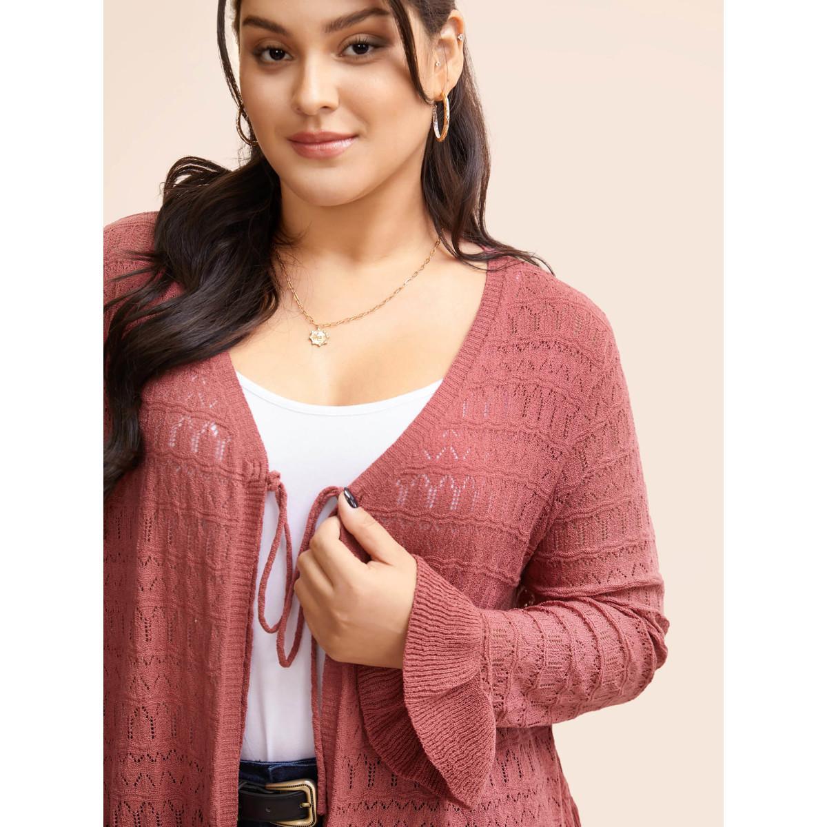 Plus Size Texture Ruffles Tie Knot Bell Sleeve Cardigan Beanpastepowder Women Casual Loose Long Sleeve Everyday Cardigans BloomChic 30/6X Product Image