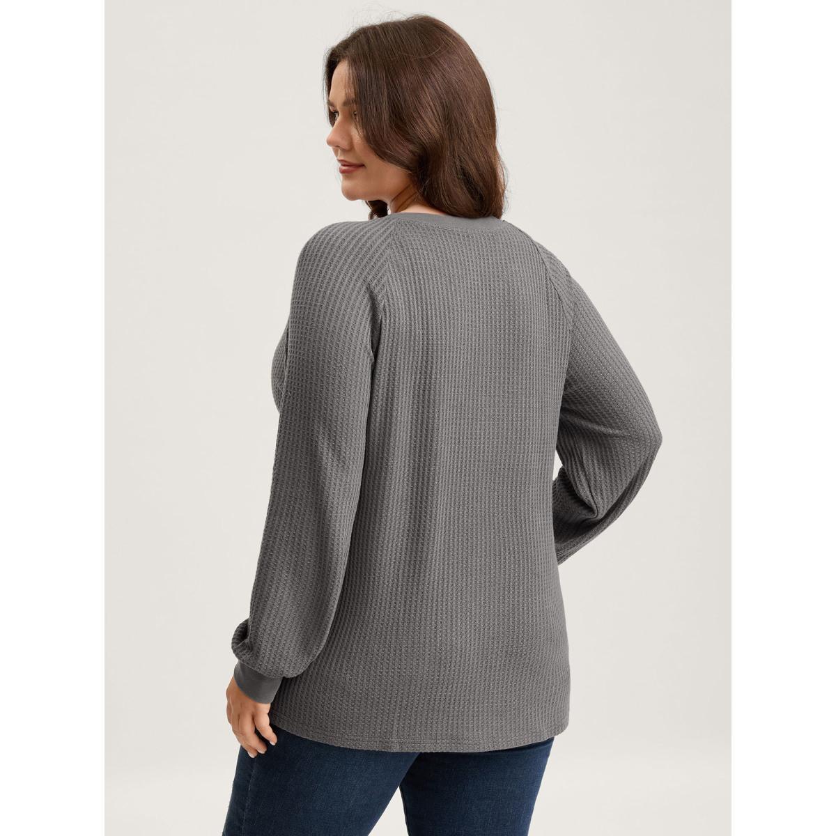 Plus Size Waffle Grid Notched Collar Lace Sweatshirt Women DimGray Woven ribbon&lace trim Flat collar with V-notch Everyday-Casual Sweatshirts BloomChic 14-16/1X Product Image
