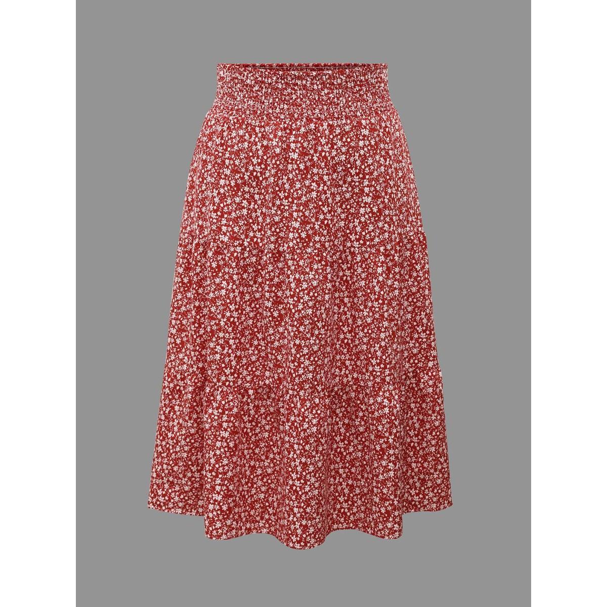 Plus Size Romantic Floral Waist Shirred Midi Skirt Women Crimson Elegant Shirred No stretch Side seam pocket Everyday Skirts BloomChic 28/5X Product Image