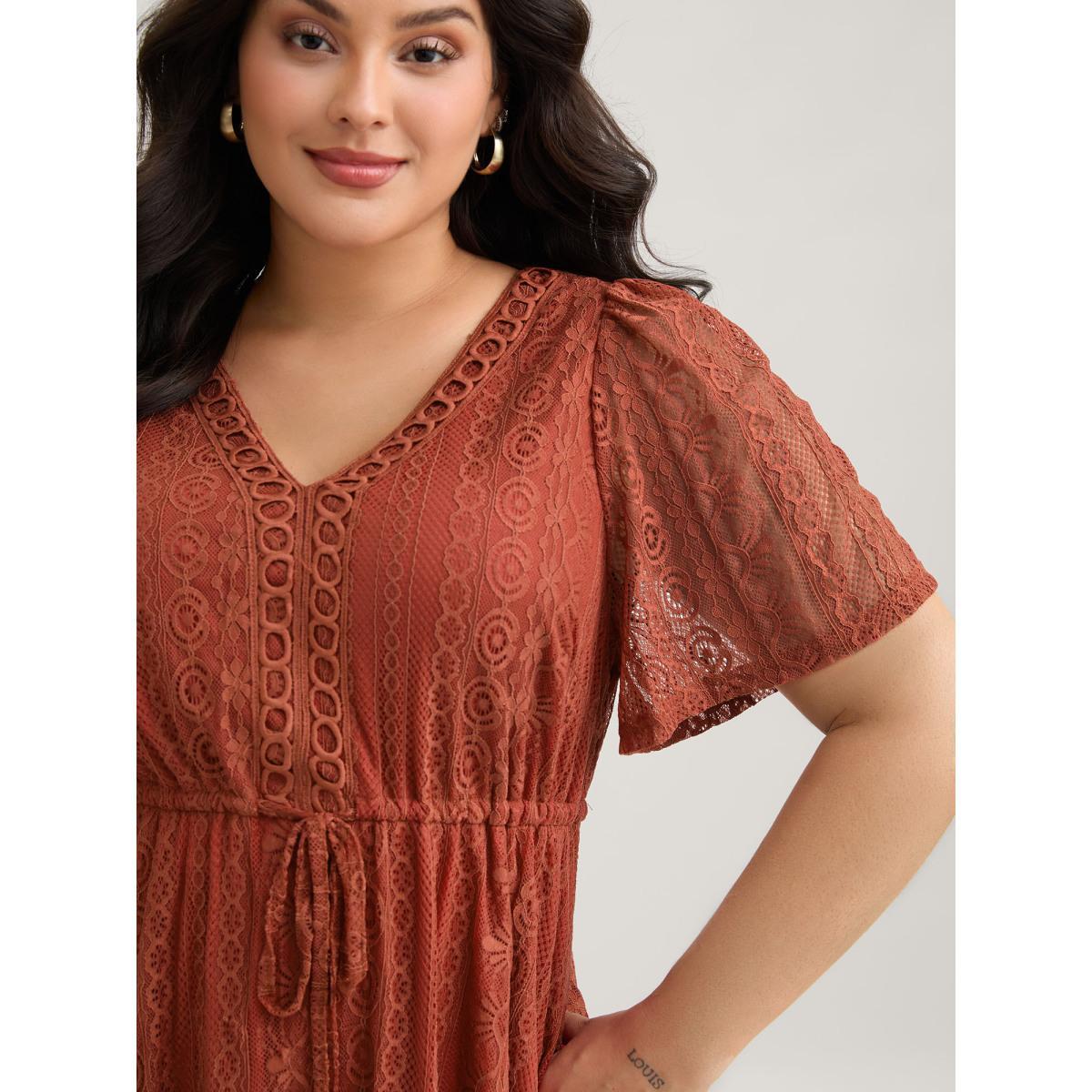 Plus Size Russet V Neck Lace Panel Drawstring Blouse Women Elegant Short sleeve V-neck Everyday Blouses BloomChic 30/6X Product Image