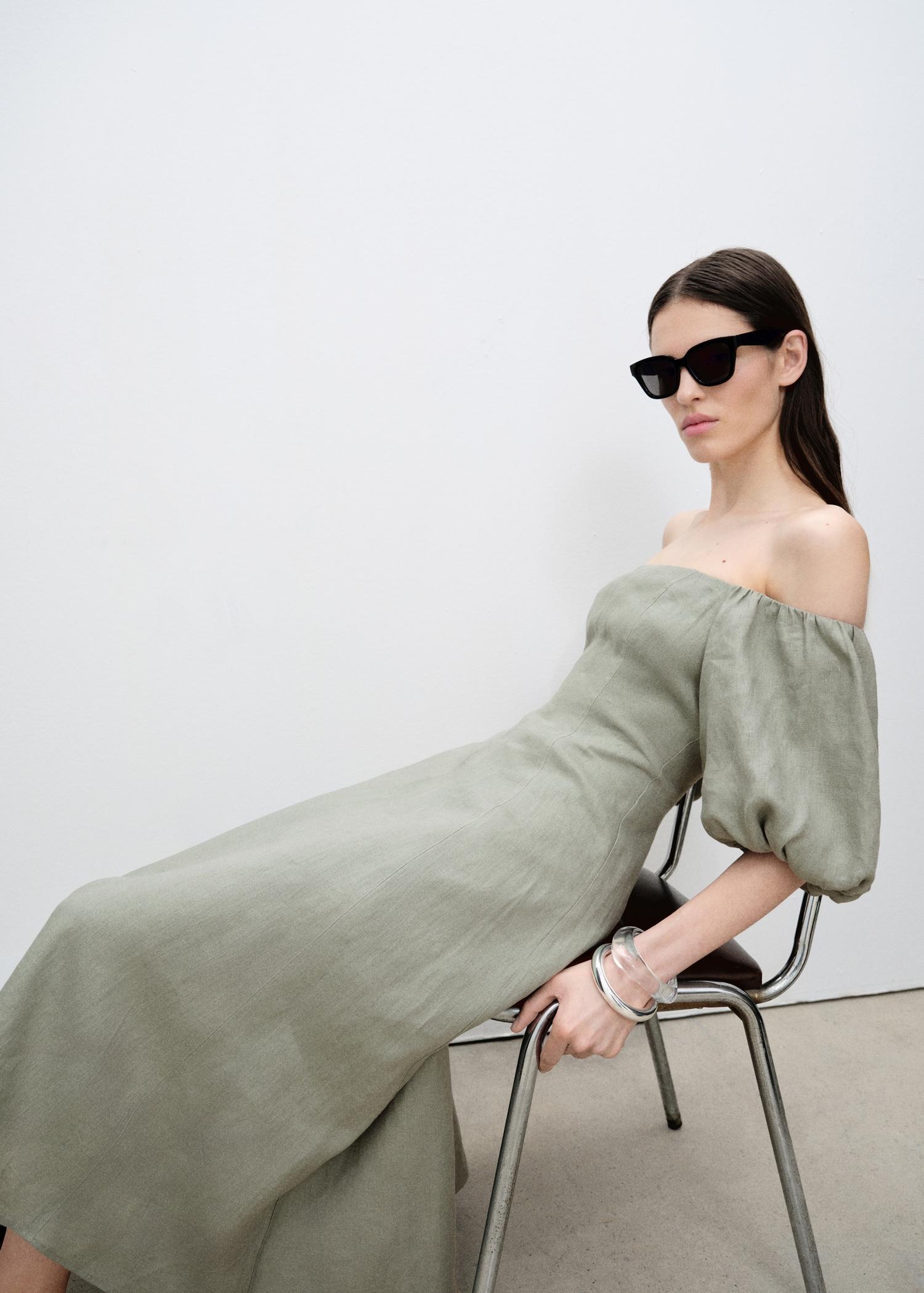Puffed-sleeve linen dress - Women | MANGO USA Product Image