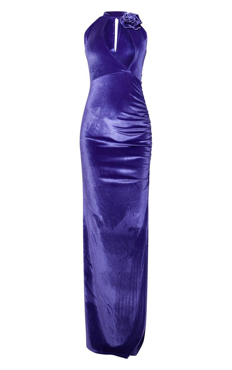 Purple Velvet Corsage Detail Cut Out Slit Maxi Dress Product Image