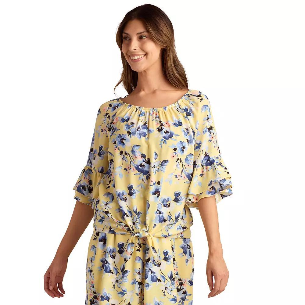 Women's AB Studio Flounce Sleeve Tie Hem Peasant Top, Size: Small, Yellow Spaced Floral Product Image