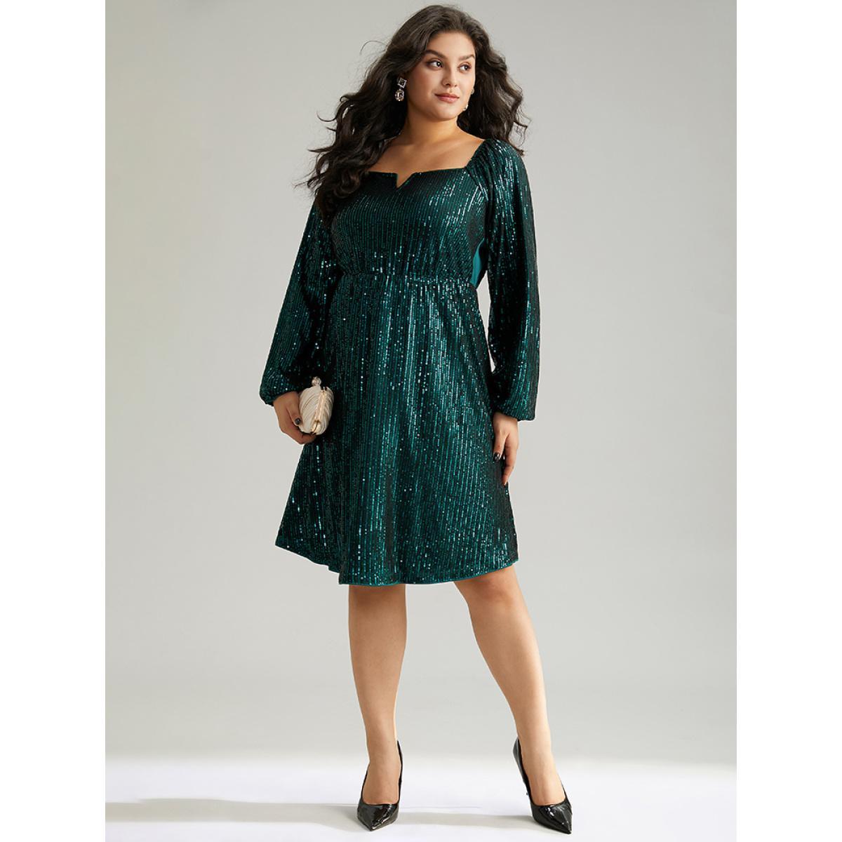 Plus Size Sequin Square Neck Lantern Sleeve Knee Dress DarkGreen Women Party Elastic cuffs Square Neck Long Sleeve Curvy Knee Dress BloomChic 18-20/2X Product Image
