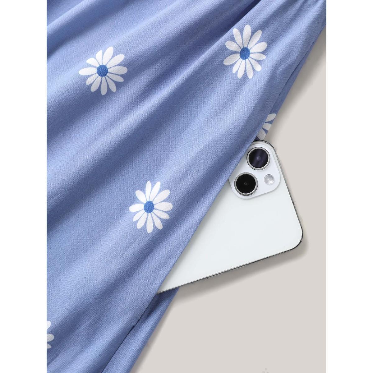 Plus Size Rayon Floral Shirred Midi Dress Mediumblue Women Square Neck Short sleeve Curvy BloomChic 22-24/3X Product Image