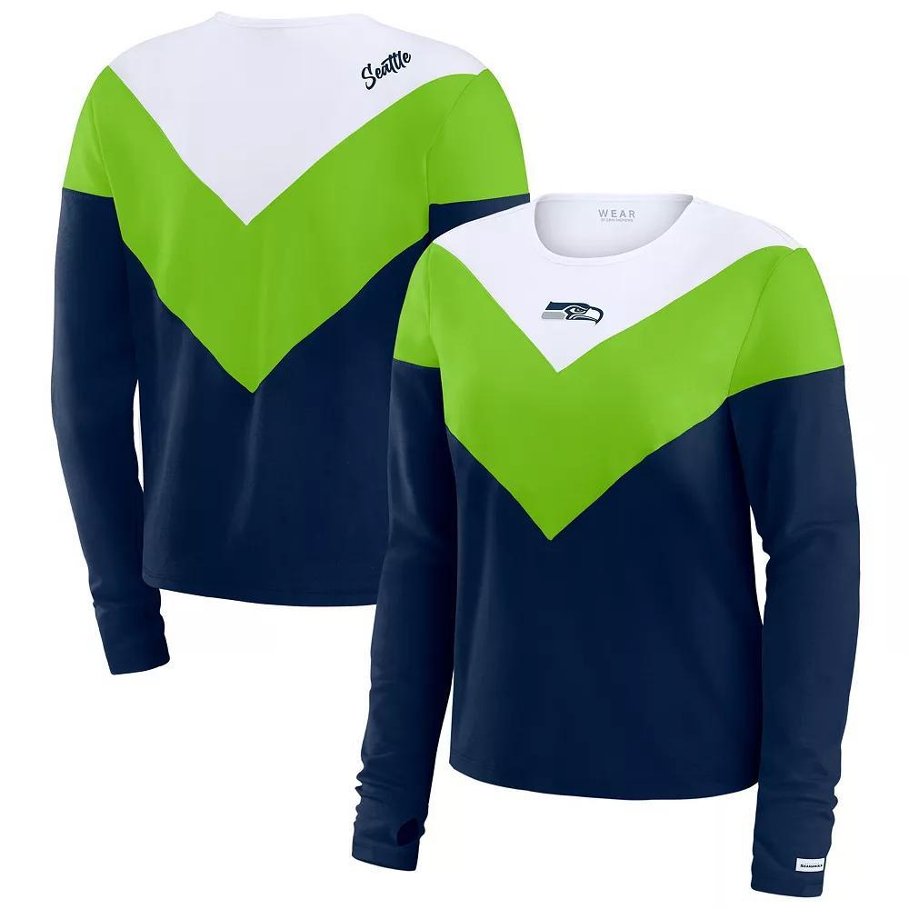Women's WEAR by Erin Andrews College Navy/Neon Green Seattle Seahawks Plus Size Chevron Tri-Blend Long Sleeve T-Shirt, Size: 1XL, Team Product Image