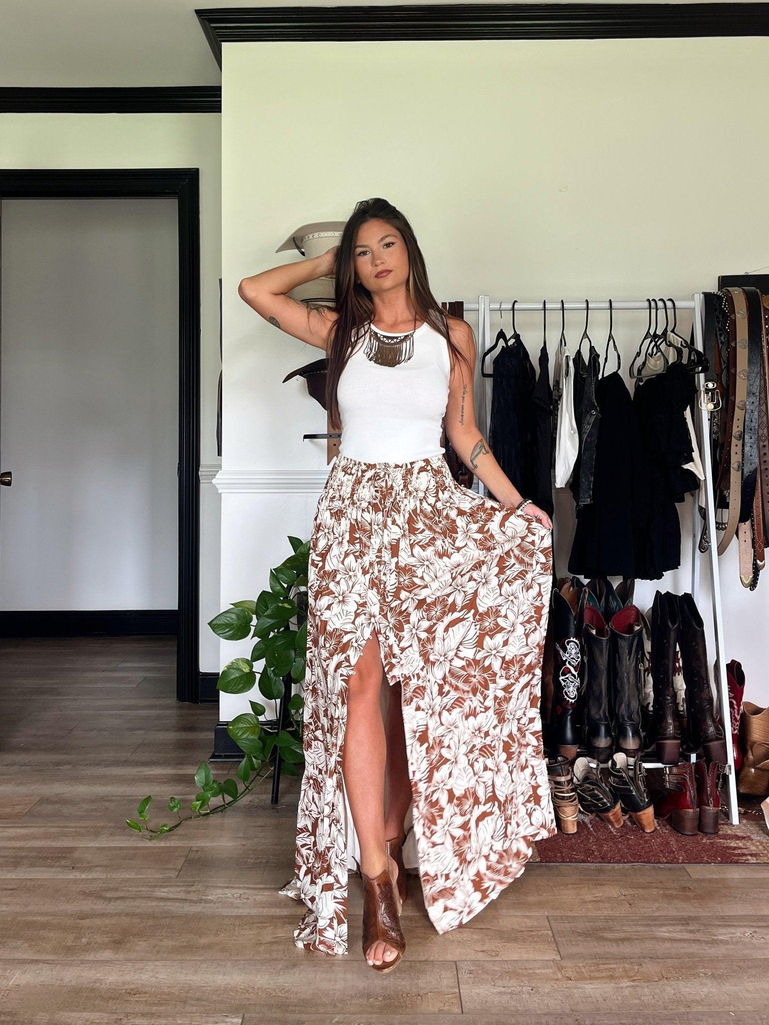 Taupe Floral Print Smocked Maxi Skirt Product Image