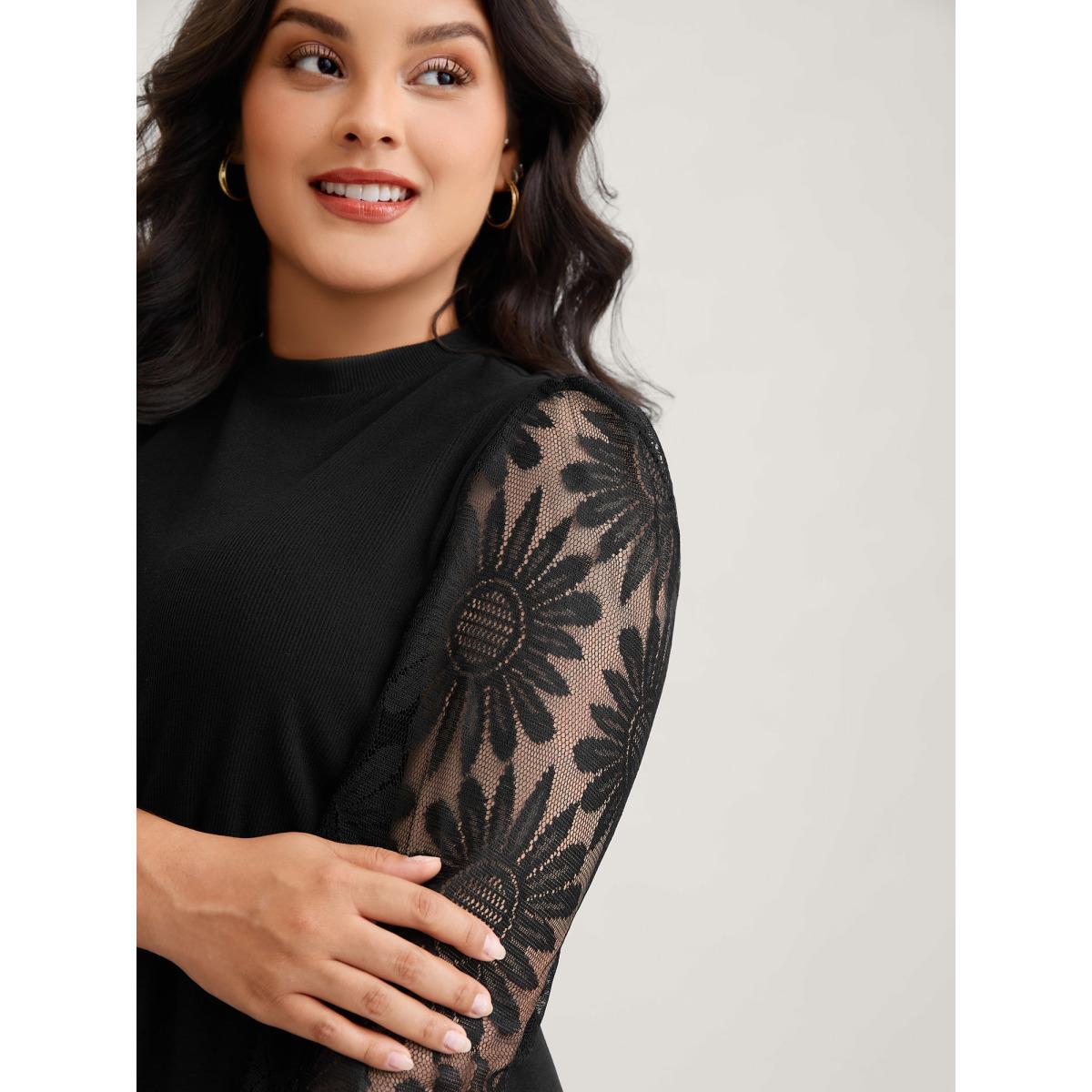 Plus Size Black Crochet Lace Mesh Mock Neck Jumpsuit Women Elegant Long Sleeve Mock Neck Everyday Loose Jumpsuits BloomChic 30/6X Product Image