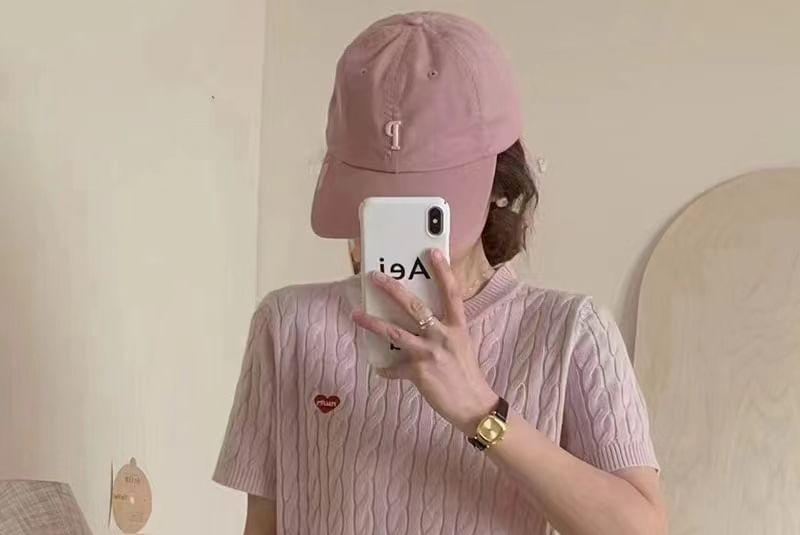 Short-Sleeve Crew Neck Letter Embroidered Cable-Knit Top Product Image