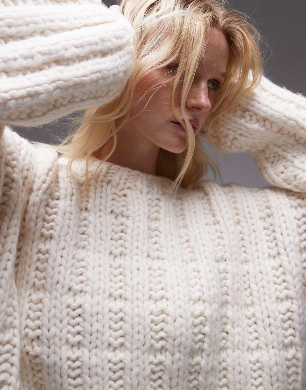Topshop premium hand knit ladder stitch oversized sweater in ivory Product Image