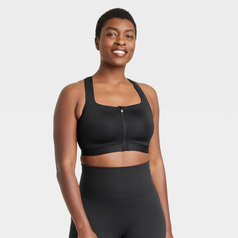Women's Sculpt High Support Zip-Front Sports Bra - All In Motion™ Black 34B: Adjustable Strap, Molded Cup Product Image