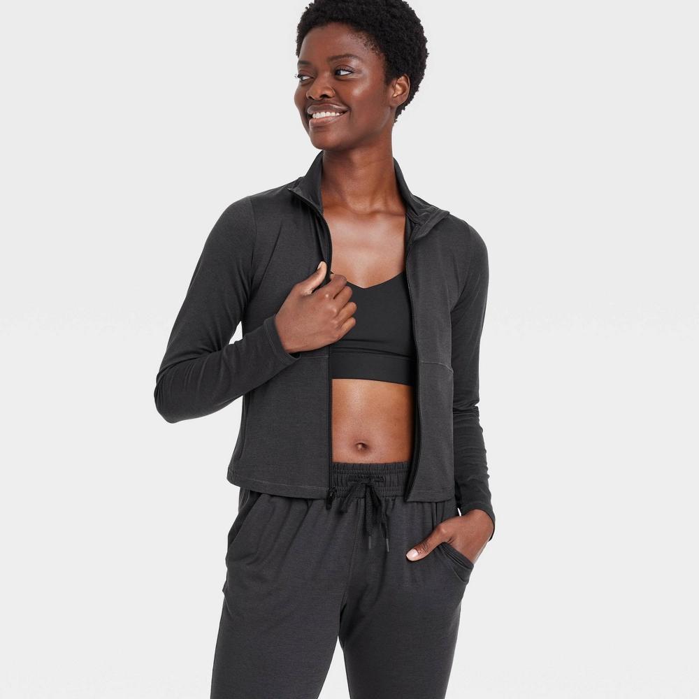 Womens Soft Stretch Full Zip Jacket - All In Motion Heathered Black XL: Moisture Wicking, Quick Drying Product Image