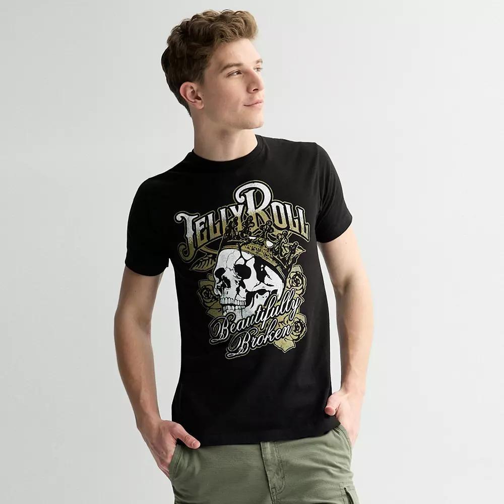Men's Jelly Roll "Beautifully Broken" Skull and Flowers Graphic Tee, Size: Medium, Black Product Image