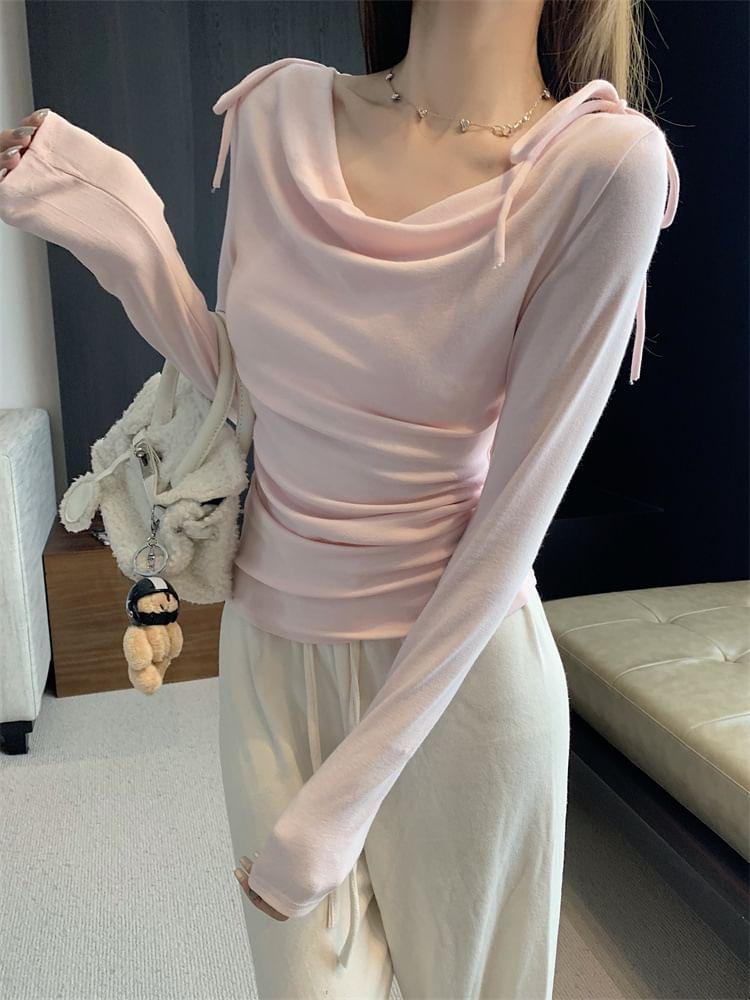 Long Sleeve Cowl Neck Bow Accent Plain Slim-Fit Top Product Image