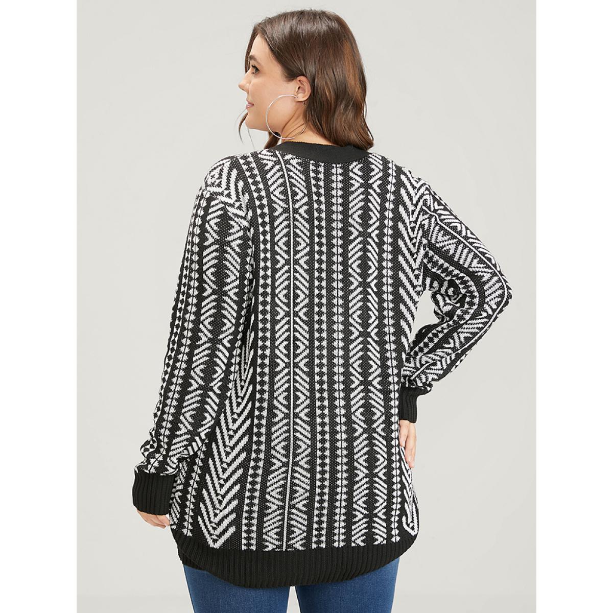 Plus Size Bandana Geometric Pointelle Knit Contrast Button Front Cardigan Black Women Casual Loose Long Sleeve Dailywear Cardigans BloomChic 30/6X Product Image