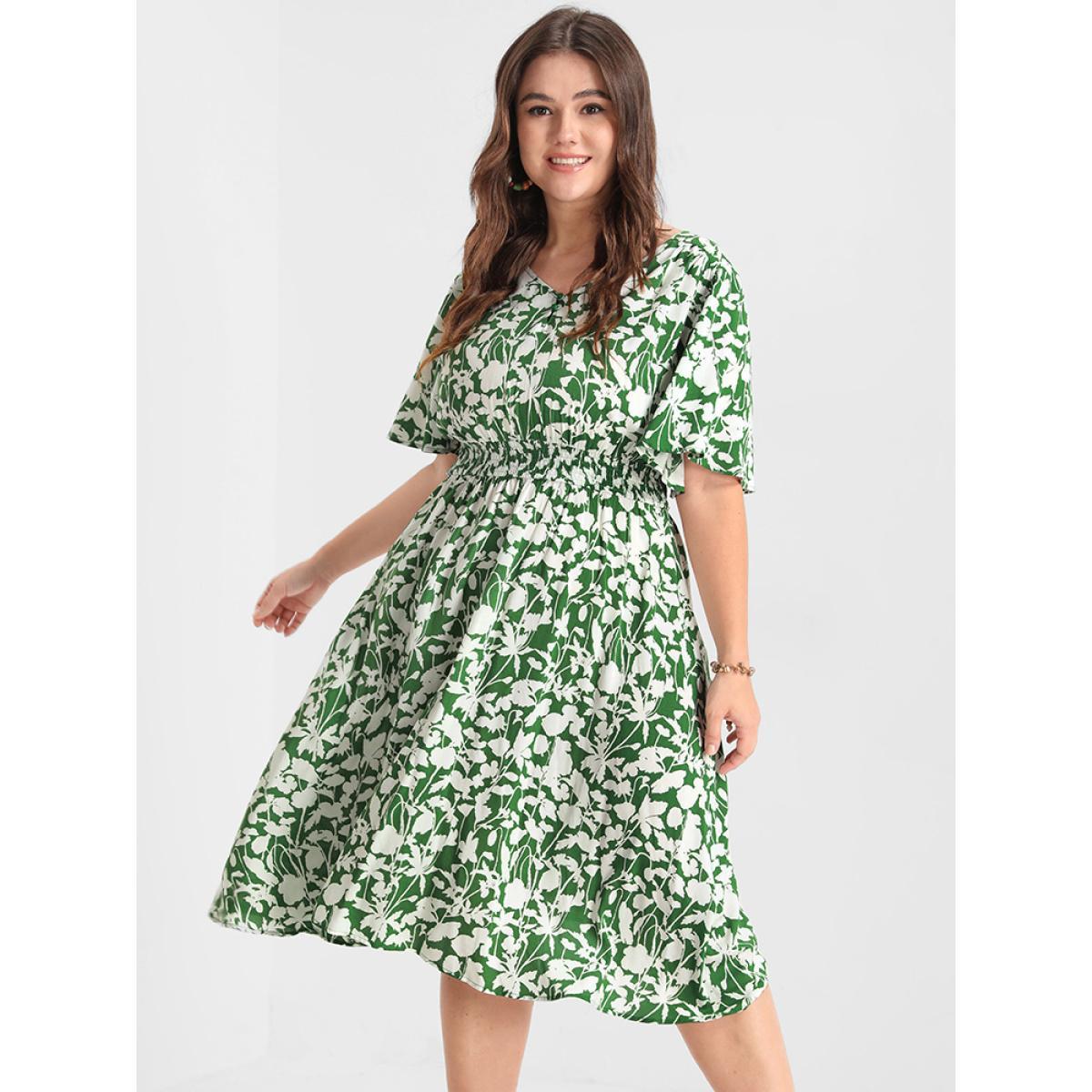 Plus Size Ditsy Floral Shirred Button Ruffles Knee Dress LightGreen Women Elegant Printed V-neck Short sleeve Curvy Knee Dress BloomChic 12/L Product Image